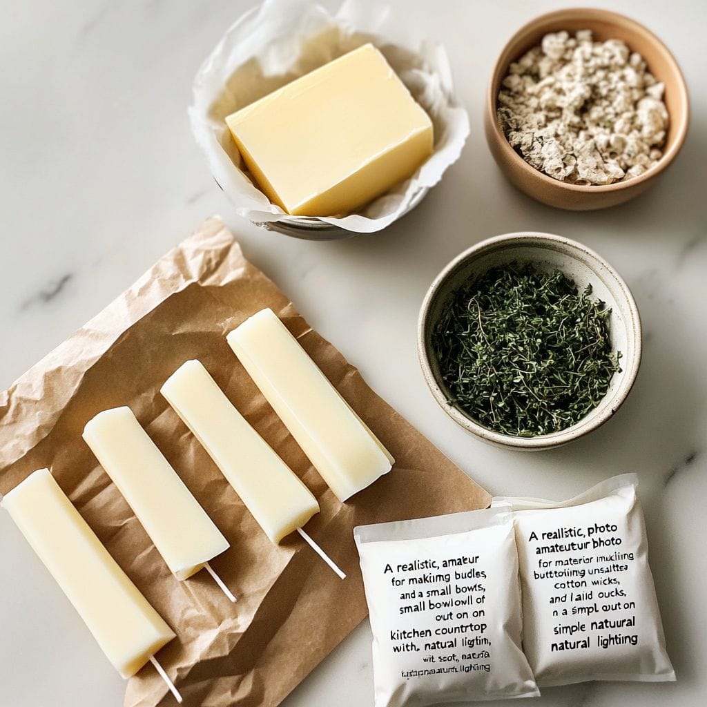 Materials for making butter candles, including unsalted butter, cotton wicks, herbs, and a small bowl of crumble, laid out on a kitchen countertop with natural lighting.