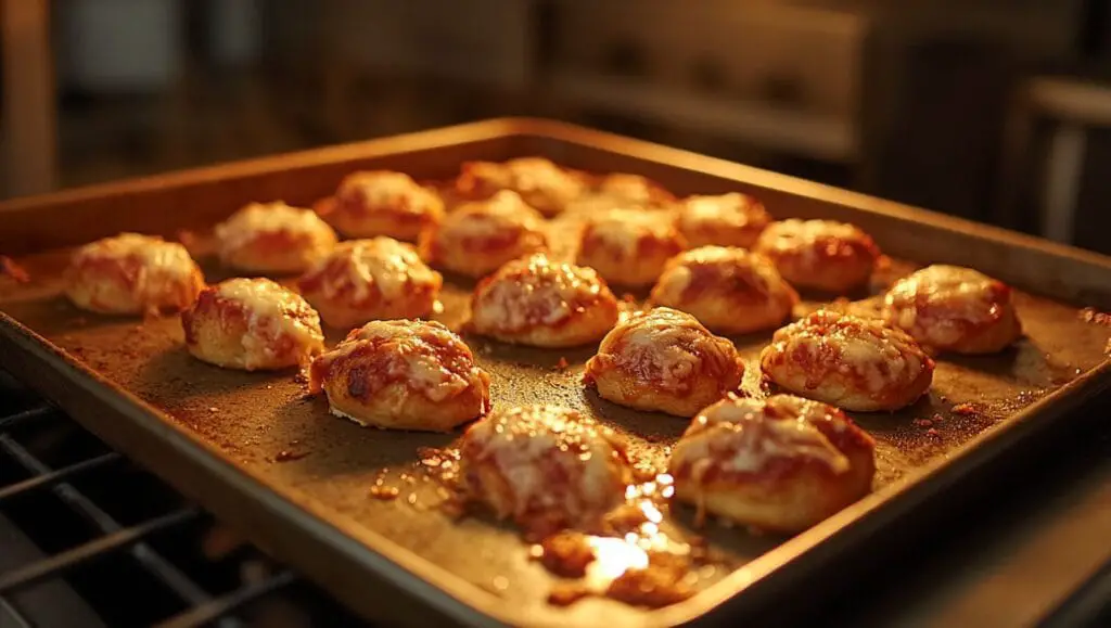 A tray of freshly baked hot pizza bites with melted cheese.