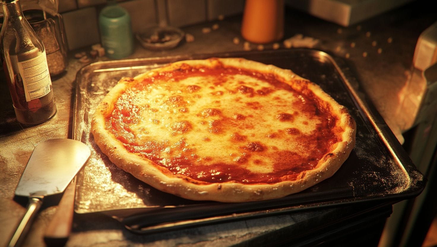 A pizza with burnt sauce and perfectly golden crust sitting on a baking tray