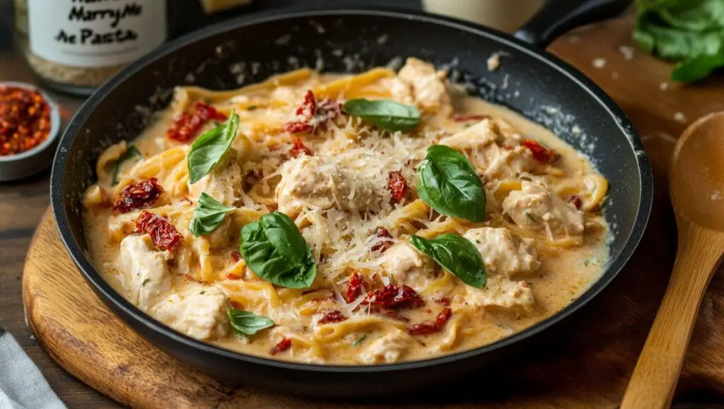 Skillet of creamy pasta highlighting why it is called "Marry Me Pasta," garnished with fresh basil and parmesan.