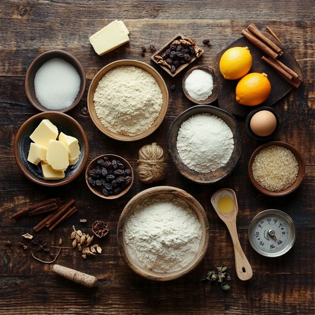 Ingredients for North German Christmas Bread, including flour, sugar, eggs, butter, raisins, candied citrus peels, and spices, neatly arranged on a wooden countertop.