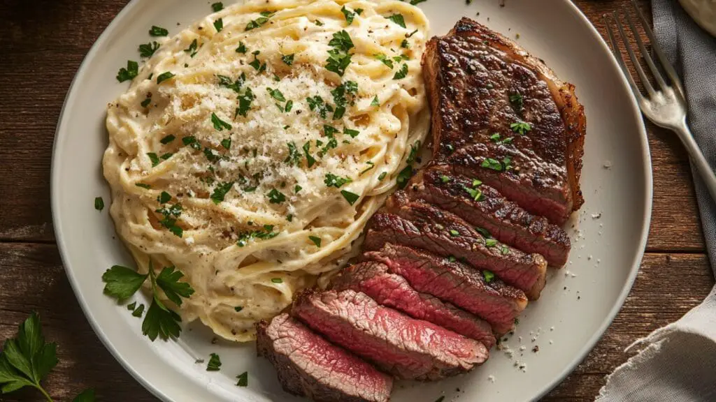 A plate of medium-rare steak slices served with creamy Alfredo pasta garnished with parsley