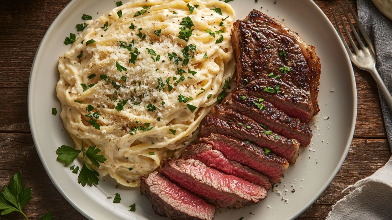 A plate of medium-rare steak slices served with creamy Alfredo pasta garnished with parsley
