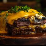 Juicy beef brisket topped with melted cheddar cheese on a rustic wooden plate.