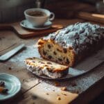 A sliced homemade German stollen loaf dusted with powdered sugar, resting on a wooden table with a plate of dried fruits and a cup of coffee in the background.