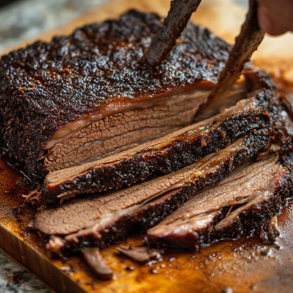 Juicy beef brisket with a crispy outer layer and tender pink center, sliced and displayed on a wooden cutting board with a knife beside it.