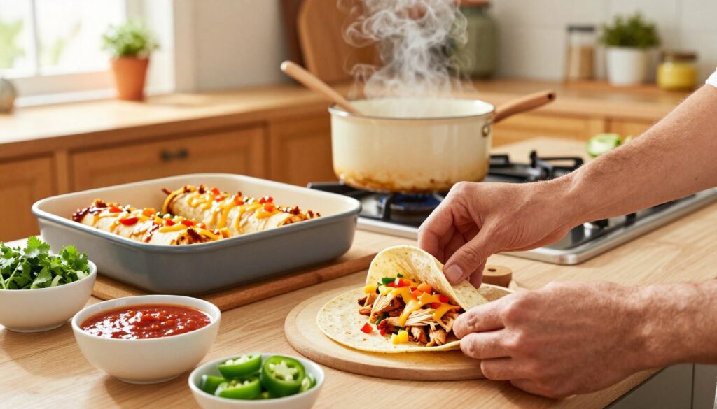 assembling spicy chicken enchiladas